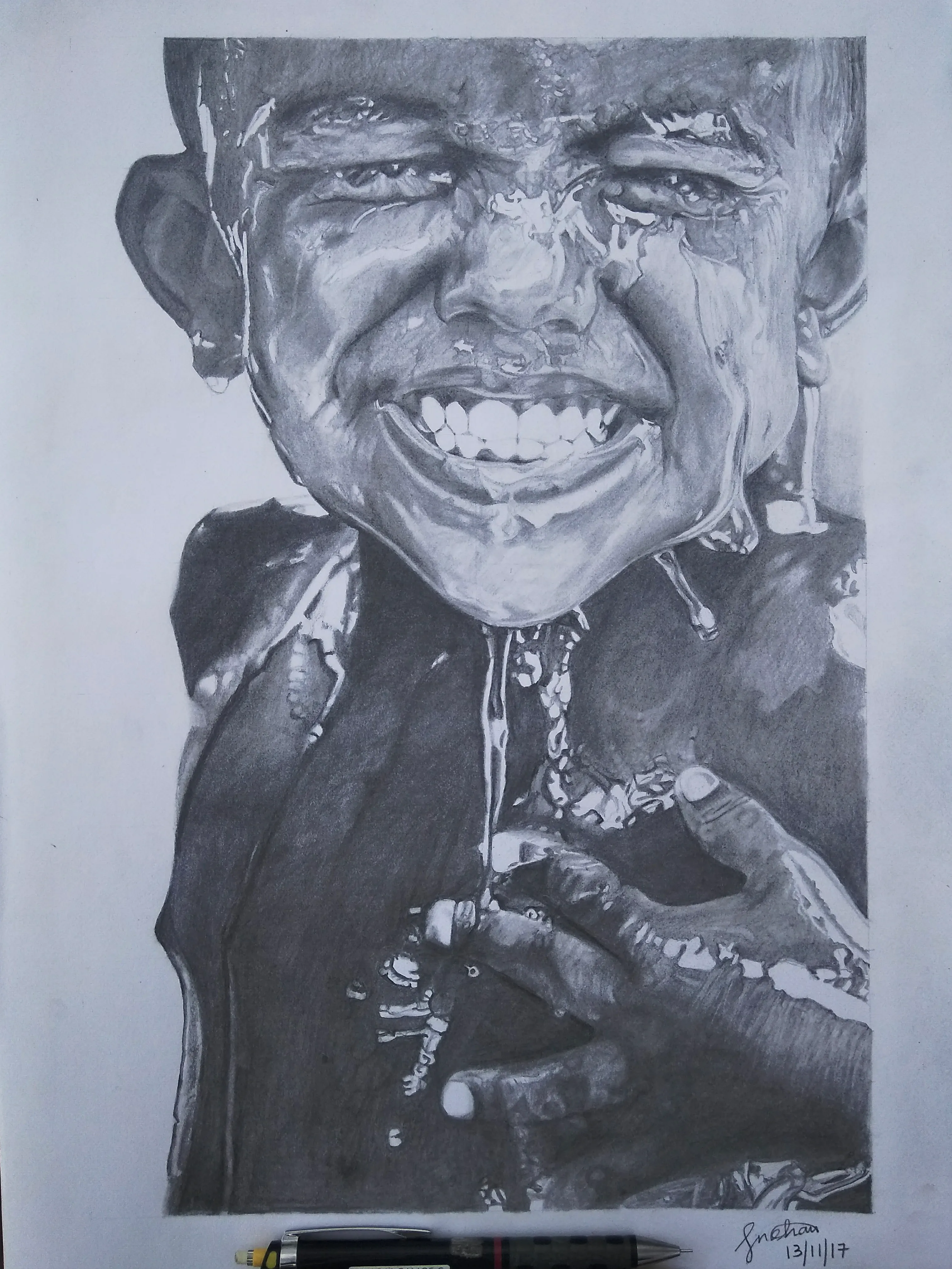 Drawing of a young boy with water over his face