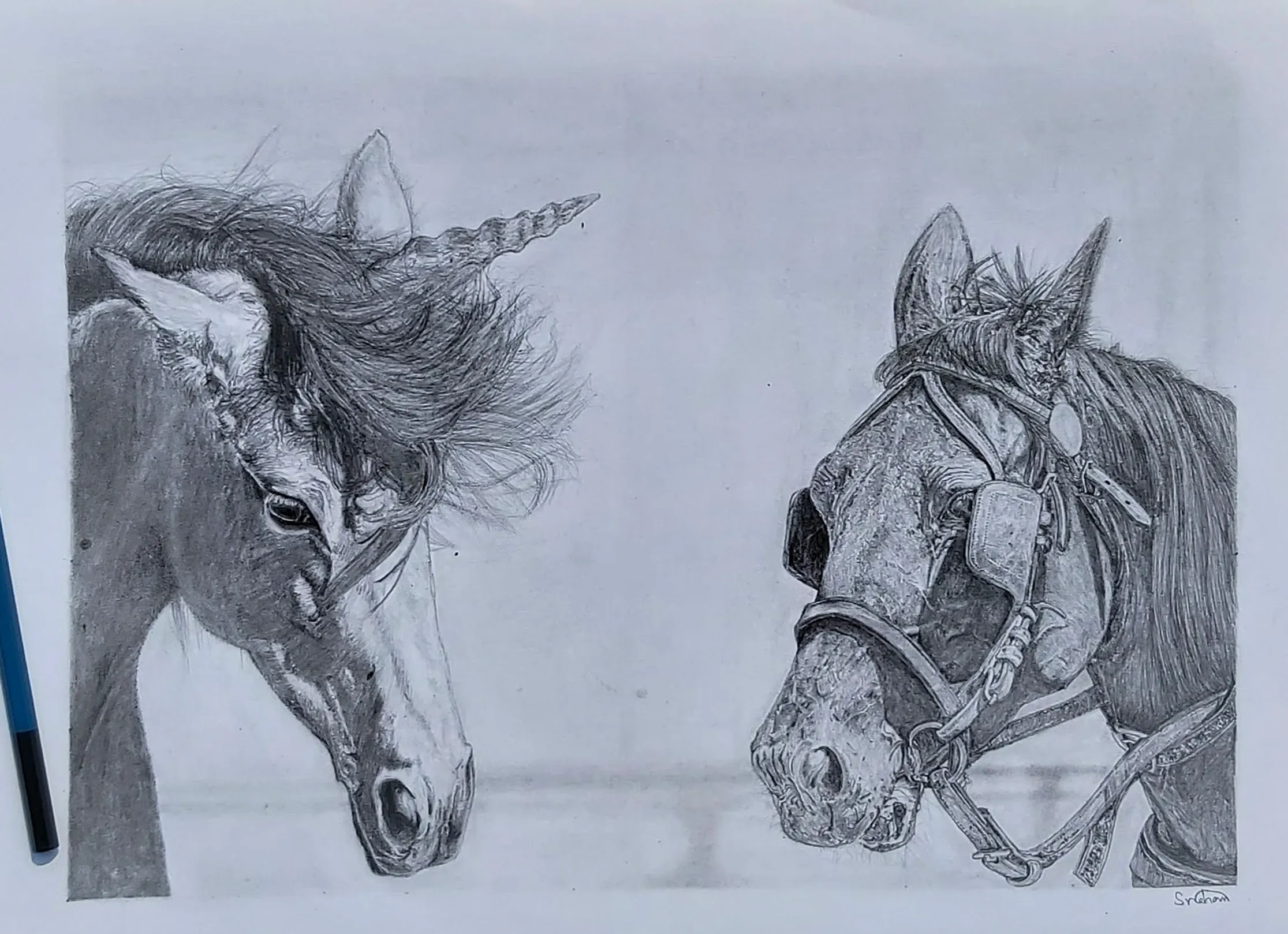 Drawing of an unicorn and a horse