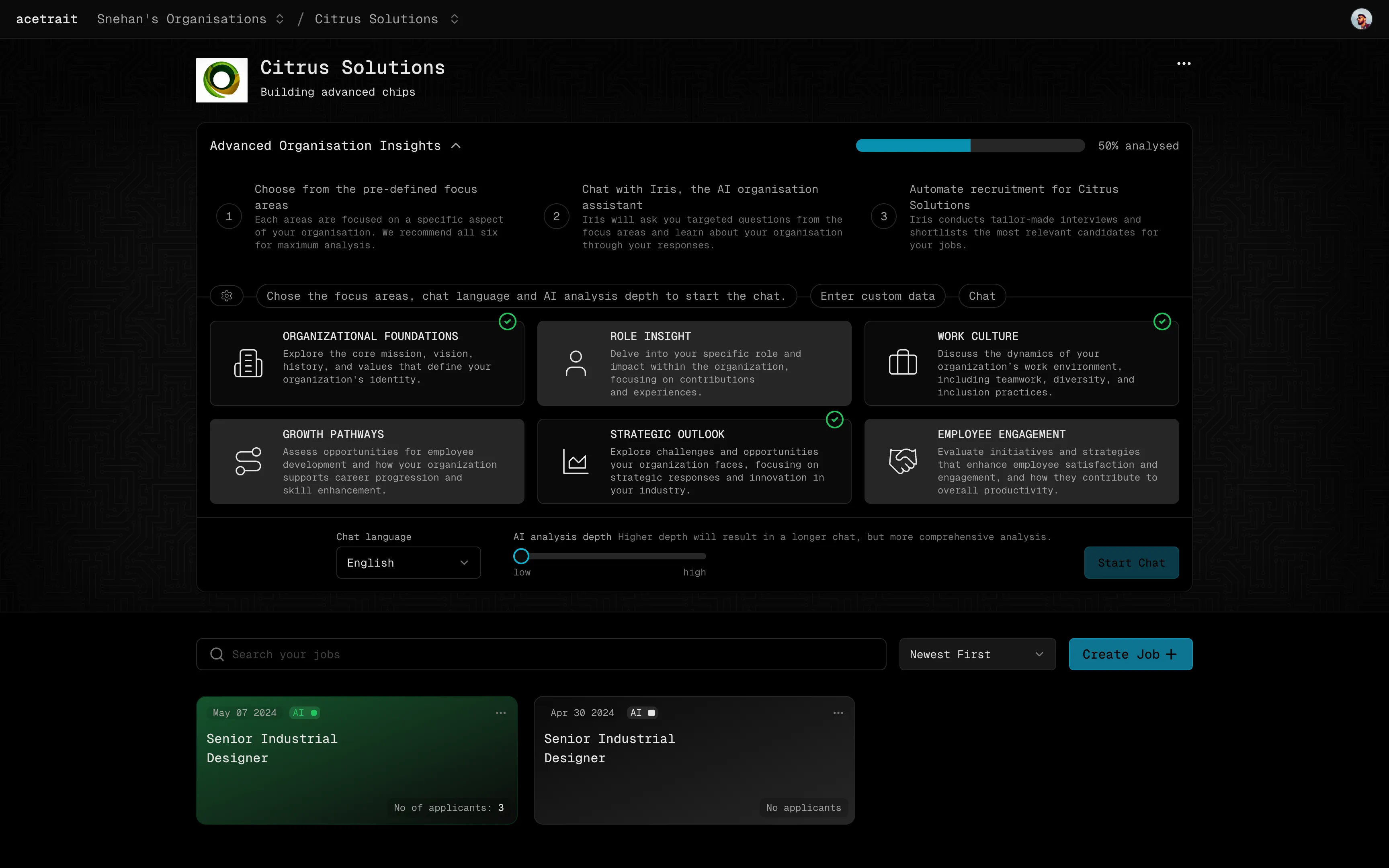 Screenshot of organisation dashboard