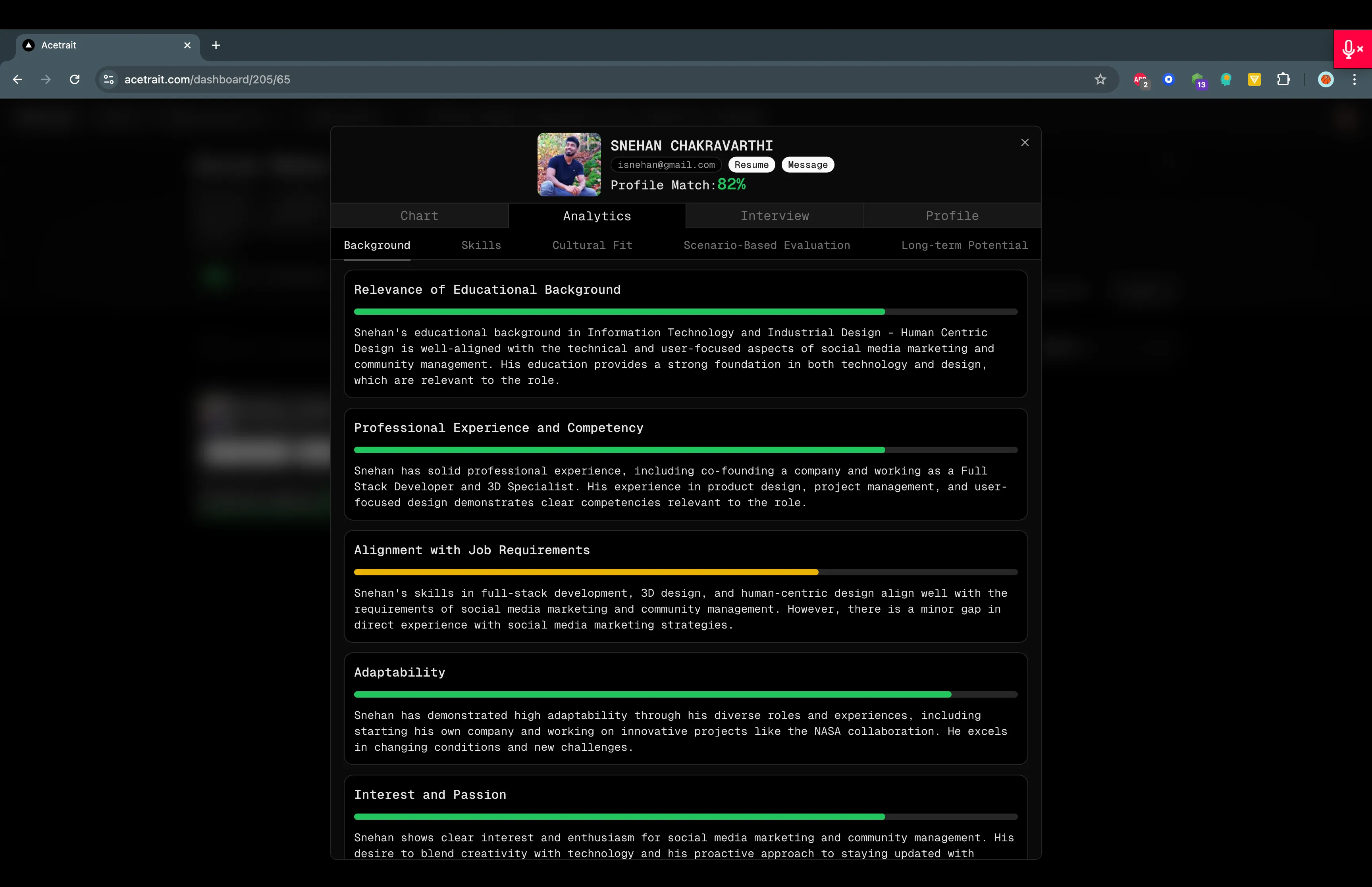 Screenshot of candidate grading reasoning